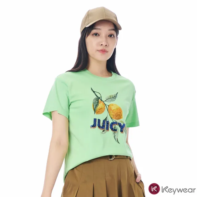 【KeyWear 奇威名品】檸檬刺繡圖案圓領短袖上衣(共2色)