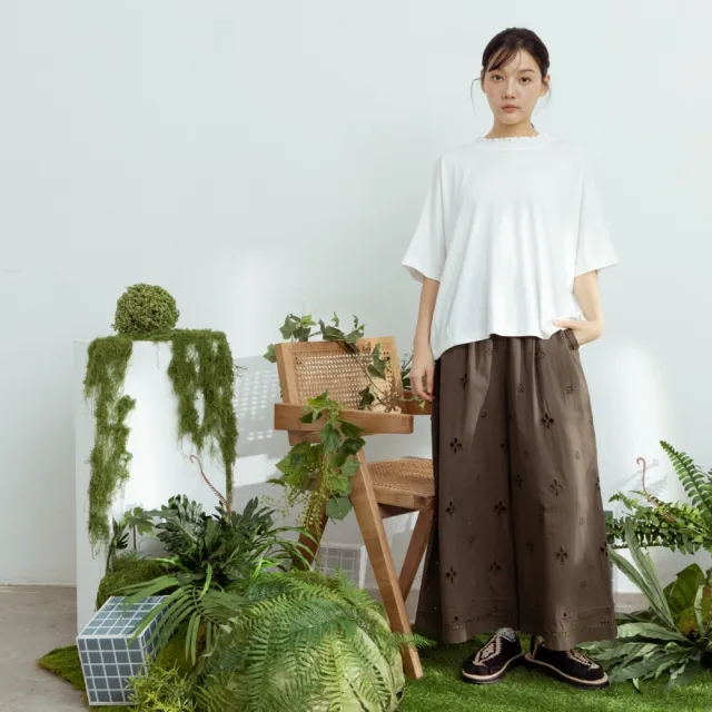 【MOSS CLUB】全棉蕾絲布下襬抓摺寬褲 黑 白 綠(魅力商品)