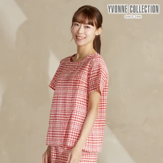 【YVONNE 以旺傢飾】皺皺格紋短袖上衣-藍