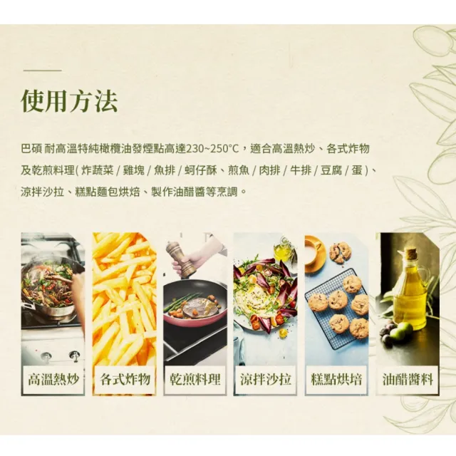【BASSO 巴碩】3入特惠組 義大利原裝 1L耐高溫特純橄欖油(適合煎煮炒炸且不帶有橄欖特殊香味)