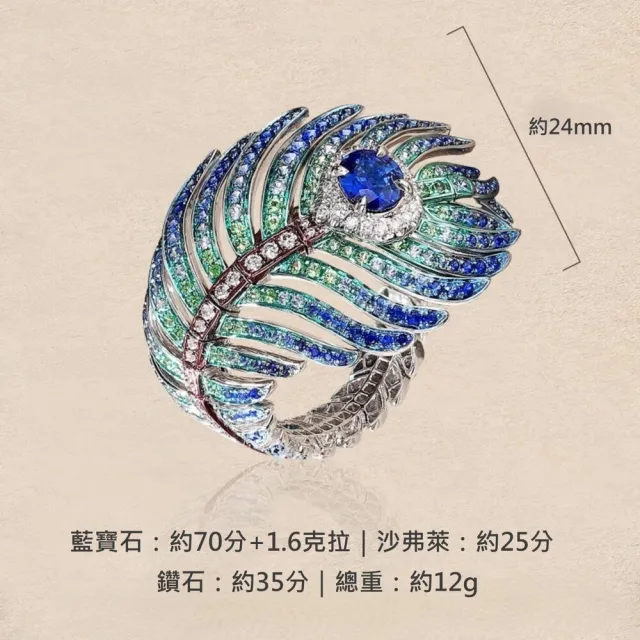 海斯珠寶 2.3克拉天然藍寶石 沙弗萊石 18K金鑽石戒指 高級珠寶套裝 羽毛系列 奢華版 孔雀翎設計