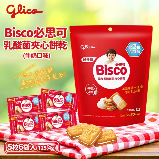 【Glico 格力高】官方直營 Bisco必思可 乳酸菌夾心餅乾 牛奶/草莓-口味任選(6入)*2袋