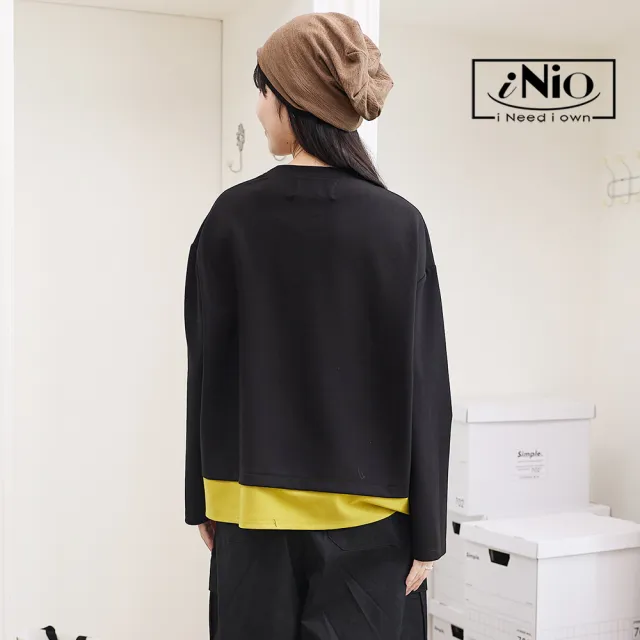 【iNio 衣著美學】撞色拼接舒適長袖上衣 幾何撞色 舒適落肩 圓領長袖棉T CEW1894