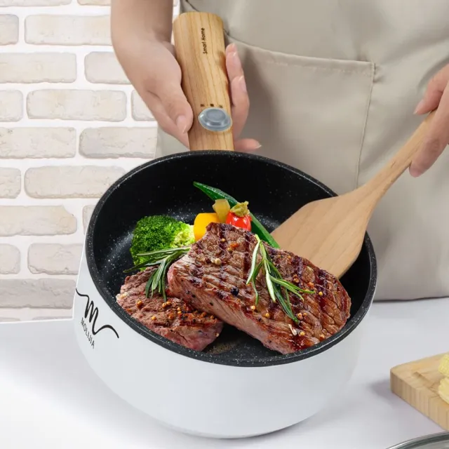 【MOLIJIA 魔力家】1.6L-M18多功能美食料理不沾電火快煮烹飪鍋-木紋款/電炒鍋/煎煮鍋/插電鍋(BY011018)