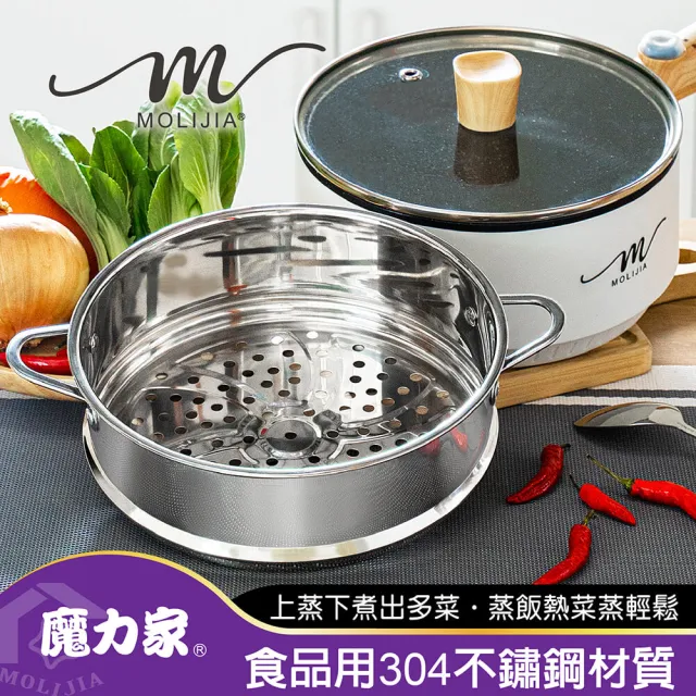 【MOLIJIA 魔力家】1.6L-M18 多功能美食料理不沾電火快煮烹飪鍋+M1812不鏽鋼蒸籠(BY011018/SY011018-12)
