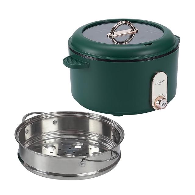  MOLIJIA 魔力家 M25 電火鍋，專為3人家庭設計，容量充足，內鍋採用不粘塗層合金，易清潔耐用。尺寸長43.5cm x 寬26.5cm x 高33cm，產品重量僅2kg輕巧便攜。配件包含不沾鍋x1、強化玻璃蓋x1、分離式電源線x1、說明書x1及304蒸籠x2，可多功能蒸煮。功率700-800W，110V/60Hz，中國製造，BSMI認證R53615，享1年保固。完美適合日常煮食，石墨綠、玫瑰白、薔薇粉三色選擇，提升廚房生活樂趣。 