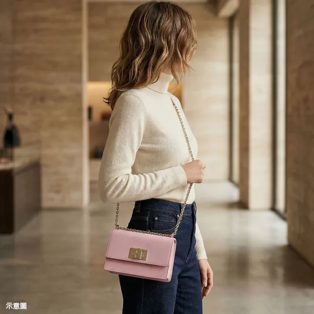 【FURLA 芙拉】FURLA 1927金屬拱門LOGO設計防刮皮革搭金鏈帶旋鈕式斜背方包(迷你/多色)