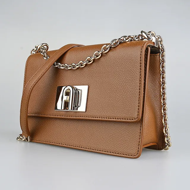 【FURLA 芙拉】FURLA 1927金屬拱門LOGO設計防刮皮革搭金鏈帶旋鈕式斜背方包(迷你/多色)