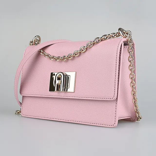 【FURLA 芙拉】FURLA 1927金屬拱門LOGO設計防刮皮革搭金鏈帶旋鈕式斜背方包(迷你/多色)