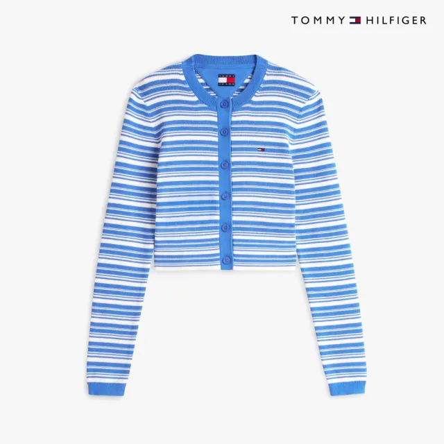 【TOMMY HILFIGER】官方旗艦館條紋修身圓領針織開襟衫_藍色