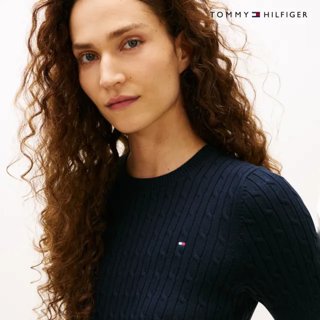 【TOMMY HILFIGER】官方旗艦館絞花針織短袖針織上衣_藍色