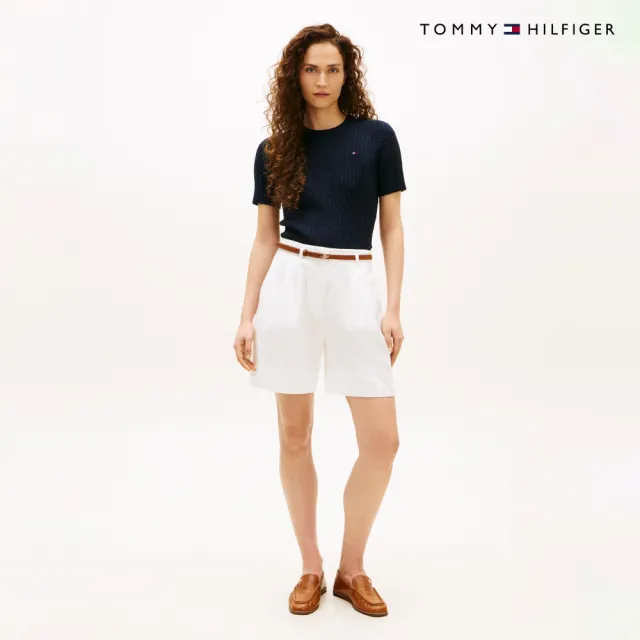 【TOMMY HILFIGER】官方旗艦館絞花針織短袖針織上衣_藍色