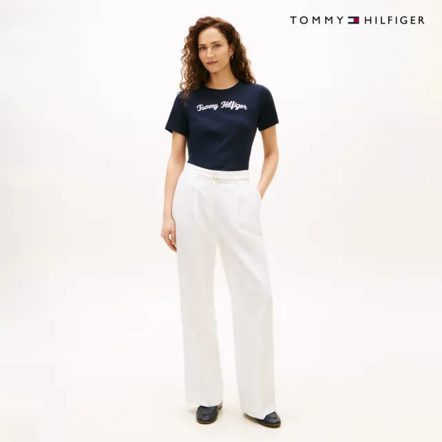 【TOMMY HILFIGER】官方旗艦館草書風標誌雙針織棉 T 恤_藍色
