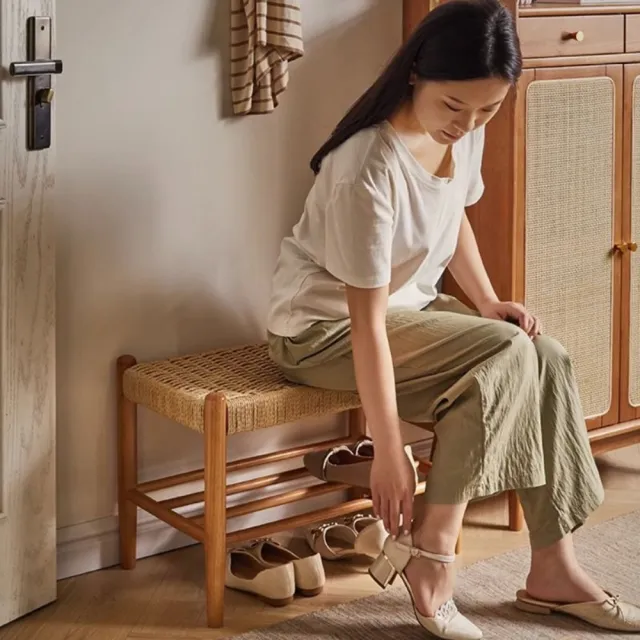 【匠俱】全實木換鞋櫃60x34x40cm 編織鞋櫃 進門穿鞋凳 矮鞋櫃 玄關鞋架凳 腳踏凳家用