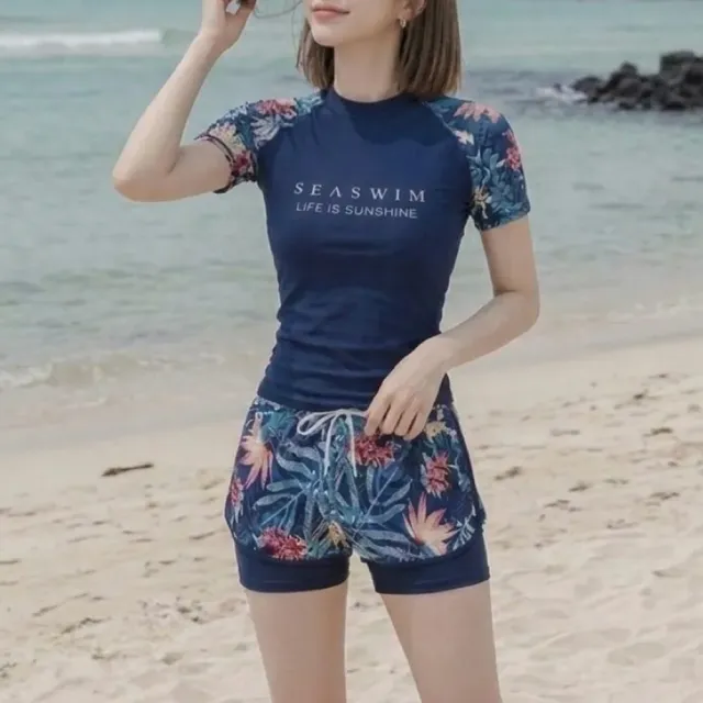 【SeasonsBikini】三色修身短袖泳裝泳衣M-3XL深藍 -785-大尺碼(短袖泳裝)