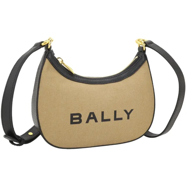 【BALLY】Bar Mini 帆布拼牛皮彎月肩 斜背半月包-棕色