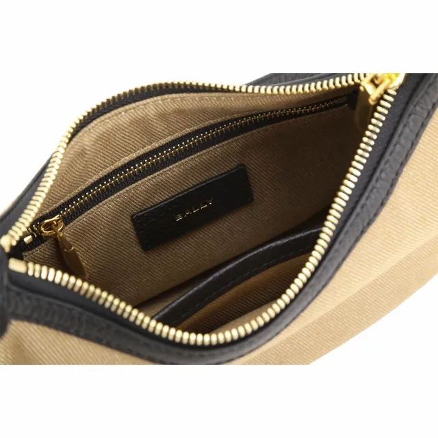【BALLY】Bar Mini 帆布拼牛皮彎月肩 斜背半月包-棕色