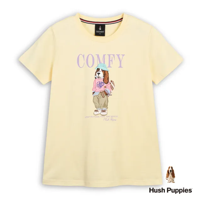 【Hush Puppies】女裝 T恤 造型英文漁夫帽狗T恤 (淺黃 / 63211101)