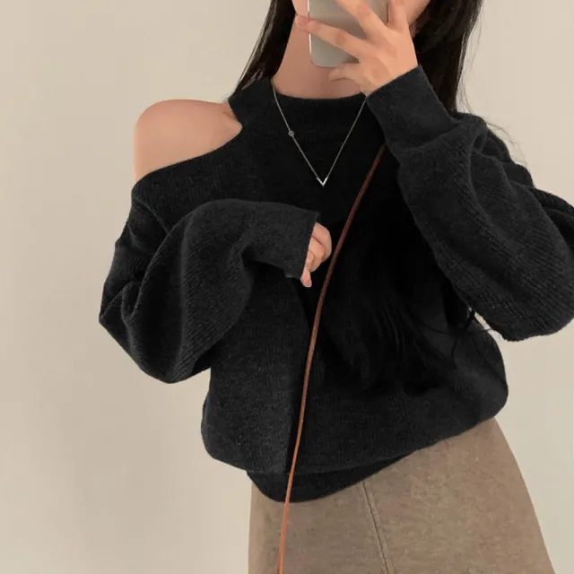 【D.studio】韓版露肩氣質針織上衣 毛衣 長袖上衣 衣服 保暖上衣 秋冬女裝 發熱衣 保暖衣 露肩上衣 W325