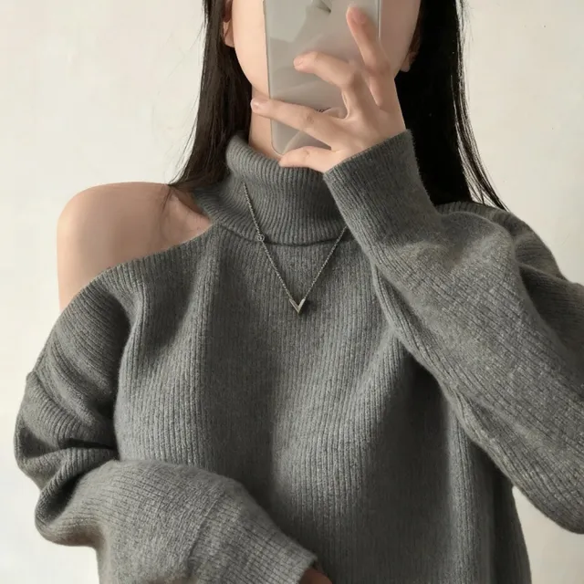 【D.studio】韓版露肩氣質針織上衣 毛衣 長袖上衣 衣服 保暖上衣 秋冬女裝 發熱衣 保暖衣 露肩上衣 W325