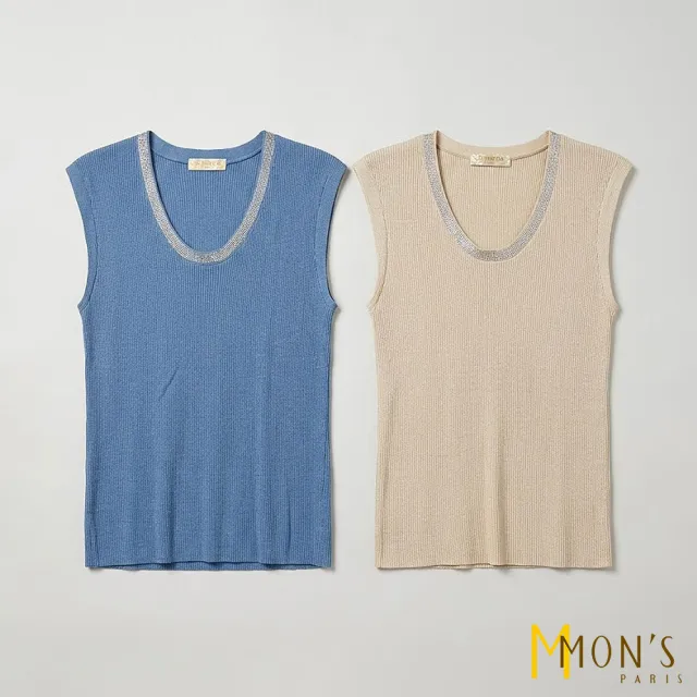 【MON’S】燙鑽U領蓋袖鬆弛感背心(直)
