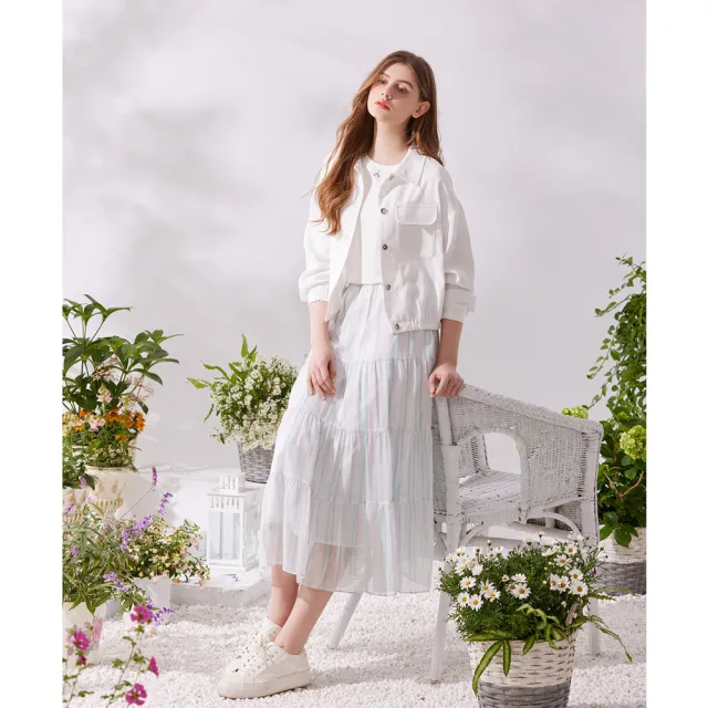 【IENA】柔感條紋雪紡印花蛋糕裙（#6272008 直紋、半身裙、蛋糕裙；綠色）