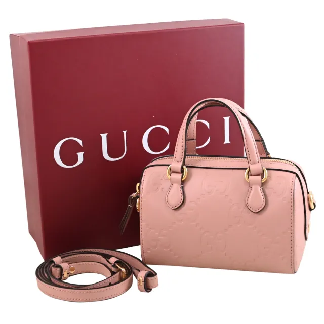 【GUCCI 古馳】GG Super Mini 經典雙G壓紋迷你手提波士頓包兩用包(柔粉)