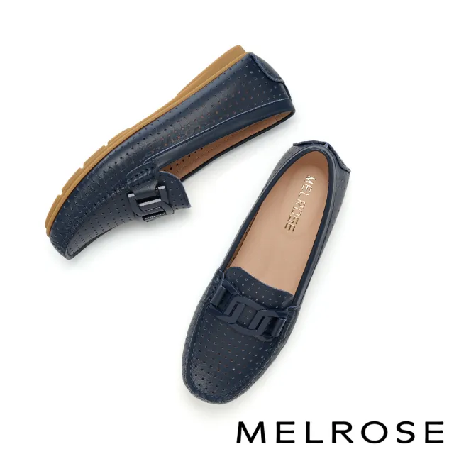 【MELROSE】美樂斯 別致品味純色鏈條全真皮樂福平底鞋(藍)