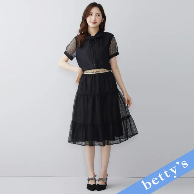 【betty’s 貝蒂思】洞洞蕾絲領口綁帶短袖襯衫(黑色)