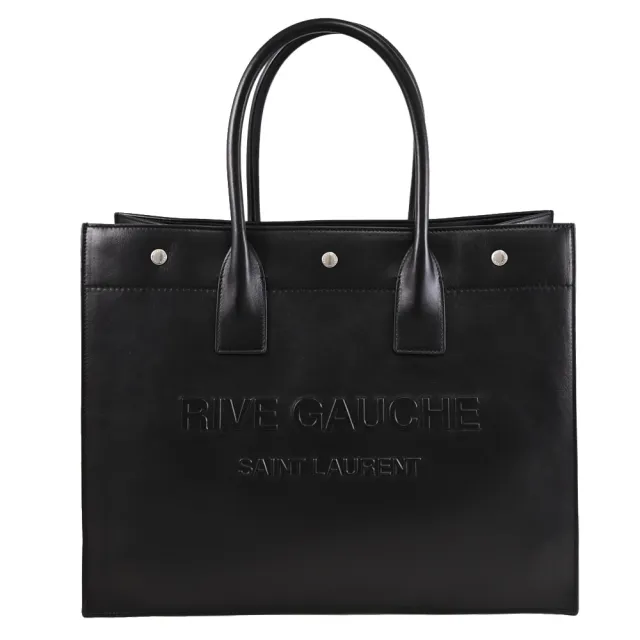 【YSL】Rive Gauche 簡約立體LOGO牛皮大容量商旅包托特包(黑)
