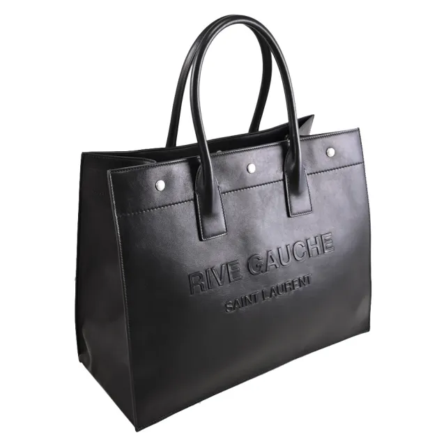 【YSL】Rive Gauche 簡約立體LOGO牛皮大容量商旅包托特包(黑)