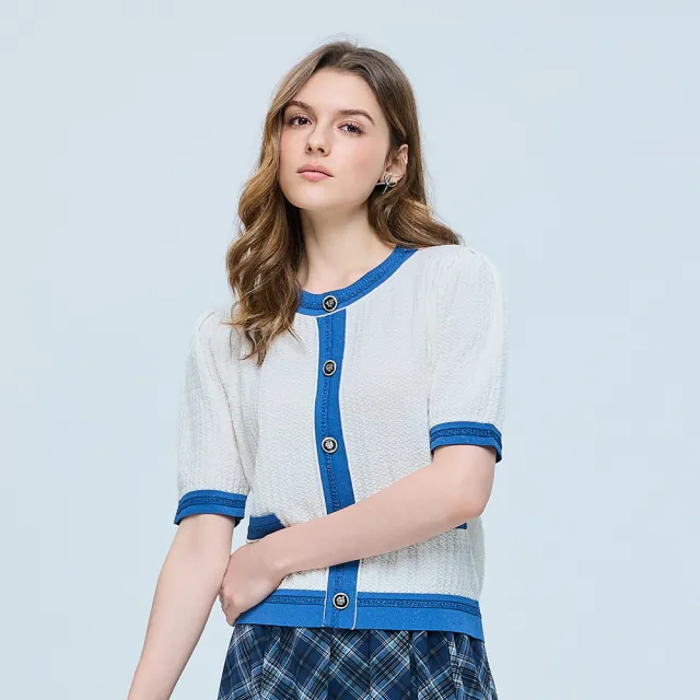 【ILEY 伊蕾】質感拼接牛仔針織上衣(白；M-XL；1261495206)（其他規格）