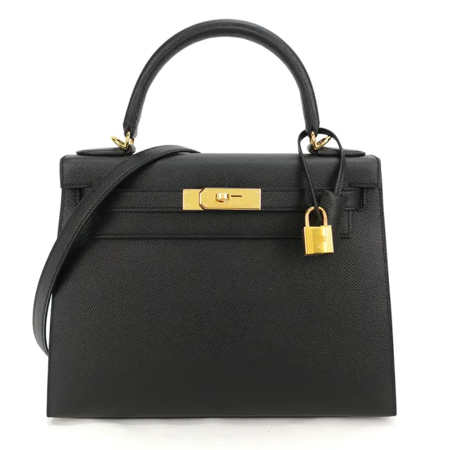 【Hermes 愛馬仕】Kelly 28CM D刻 EPSOM牛皮手提/肩背凱莉包(黑/銀釦)