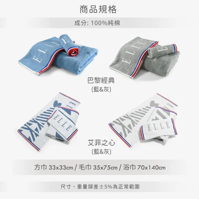 【ELLE HOME】4條組_法國時尚純棉鬆厚毛巾(巴黎經典/艾菲爾鐵塔)2款2色選