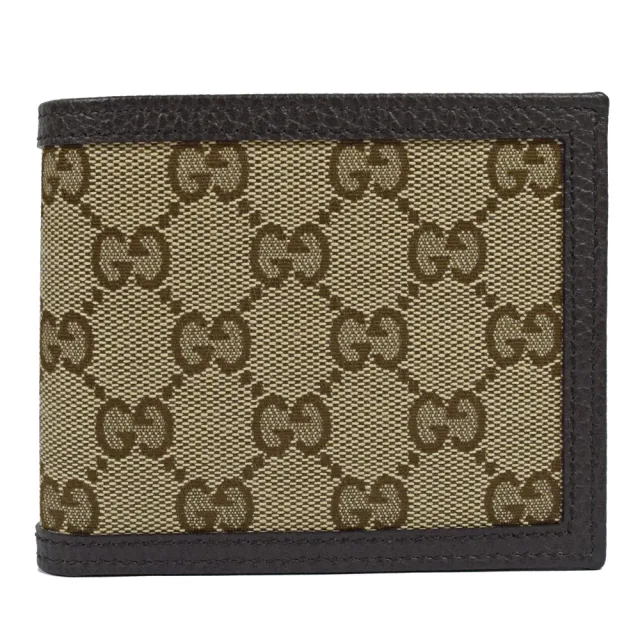 【GUCCI 古馳】經典雙G LOGO緹花布皮飾邊雙層對折6卡短夾(駝咖)