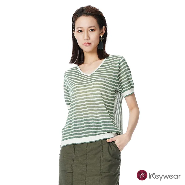 【KeyWear 奇威名品】知性條紋V領針織短袖上衣(共2色)
