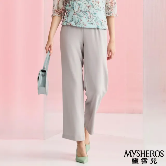 【MYSHEROS 蜜雪兒】雪紡造型直筒長褲 鬆緊金屬釦環裝飾腰頭(淺灰)