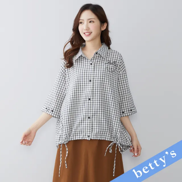 【betty’s 貝蒂思】微笑刺繡綁帶格紋七分袖襯衫(黑色)（其他規格）