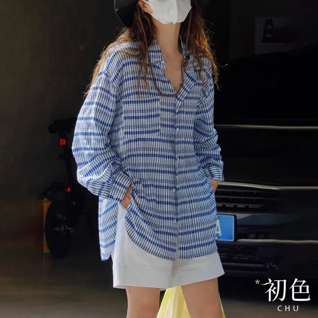 【初色】格紋寬鬆休閒翻領單排釦條紋襯衫女上衣-藍色條紋-10146(M-2XL可選)
