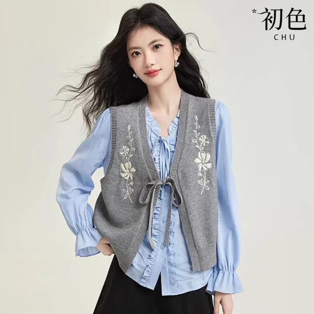 【初色】文藝復古簡約休閒針織V領刺繡花紋無袖馬甲背心女背心-共2色-18907(F可選)