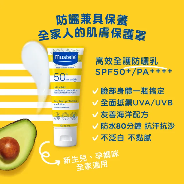 【Mustela 慕之恬廊】外出防曬組(高效全護防曬乳40ml+免用水潔淨液300ml+修護霜40ml 寶寶/嬰兒防曬)