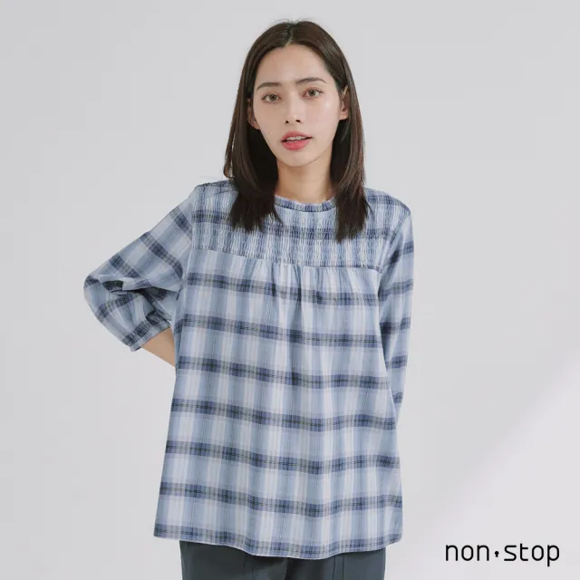 【non-stop】柔霧格紋抓皺立領上衣-2色