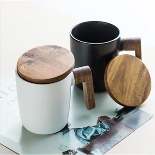 【LIFE SHOP】北歐風原木杯蓋陶瓷馬克杯 咖啡杯 紅茶杯 泡茶杯 馬克杯 交換禮物