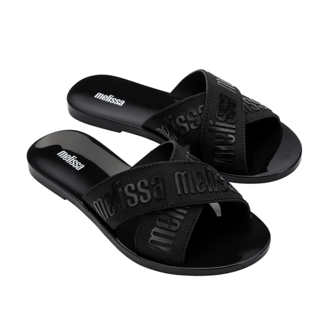 【Melissa】LOGO雙帶交叉平底拖鞋(黑色)