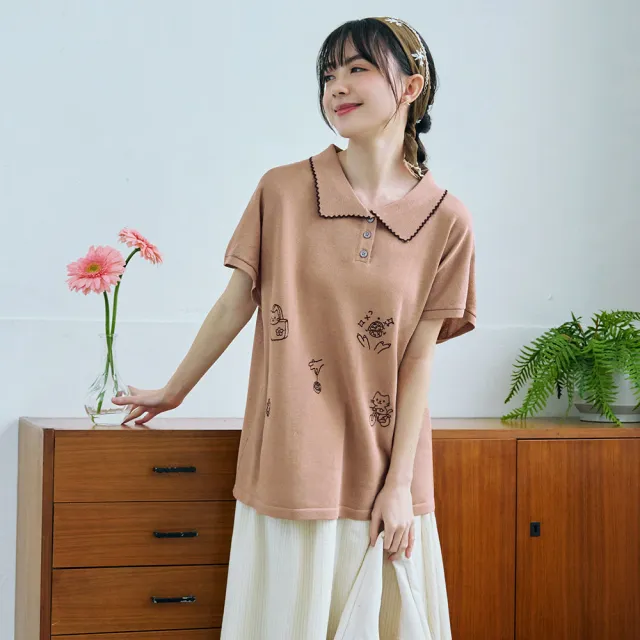 【OB 嚴選】日系貓咪刺繡撞色滾邊翻領針織上衣 《FA3224》
