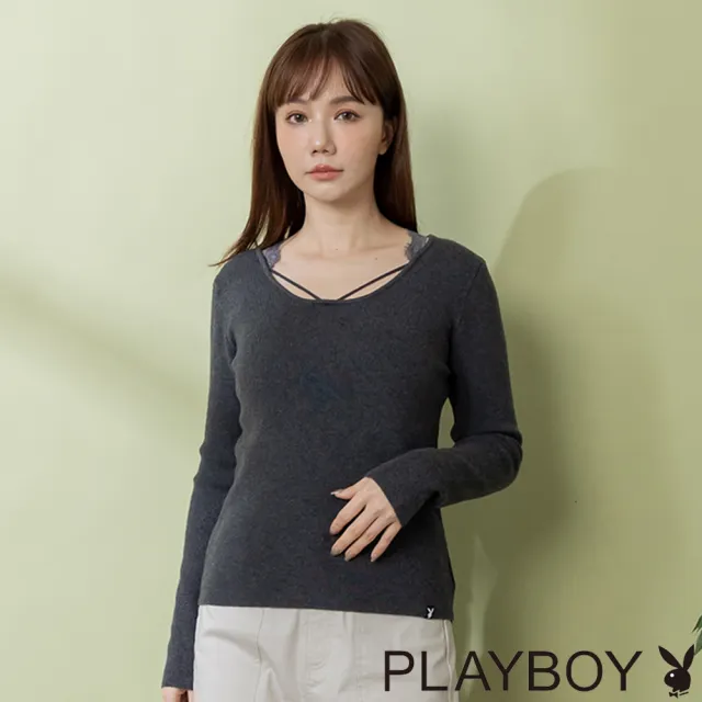 【PLAYBOY】U領鎖骨設計針織上衣 - 灰色