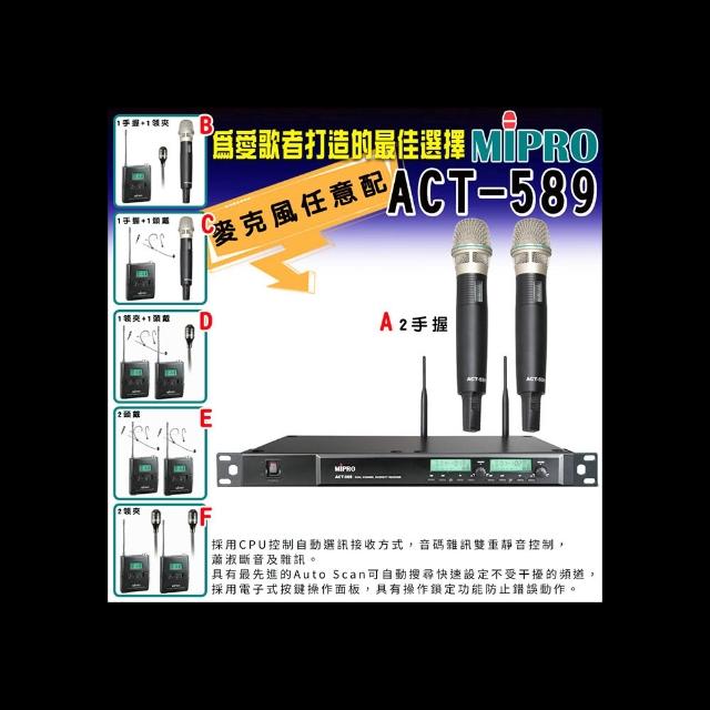MIPRO嘉強 ACT-589 MIPRO嘉強 ACT-589 雙頻段自動選訊無線麥克風,採用MU-90音頭與ACT-52H管身,提供六種組合選購。適閤家庭K歌與家用音響,電容式雙指向設計,黑色的手提式麥克風,紅外線傳輸,臺灣產地,享1年保固,NCC認證碼CCAB10LP555AT0。穩定音質,讓KTV娛樂更專業!