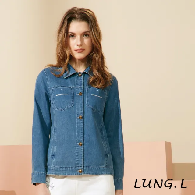 【LUNG.L 林佳樺】LU30C 藍色口袋橫條電繡輕薄長袖牛仔外套