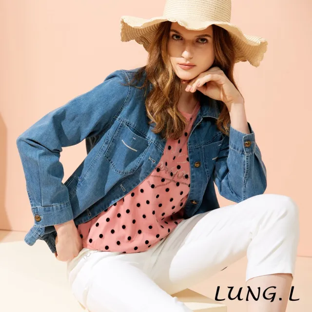 【LUNG.L 林佳樺】LU30C 藍色口袋橫條電繡輕薄長袖牛仔外套