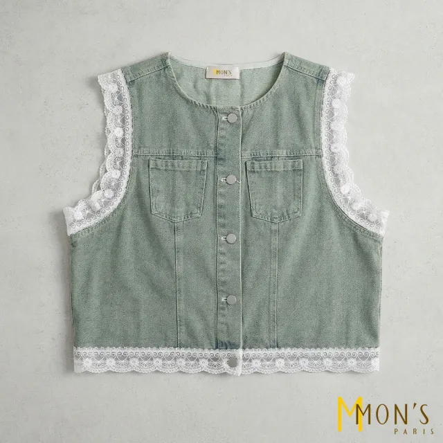 【MON’S】拼接蕾絲牛仔背心(直)